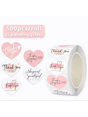 500 pcs Pink & White Heart Thank You Stickers